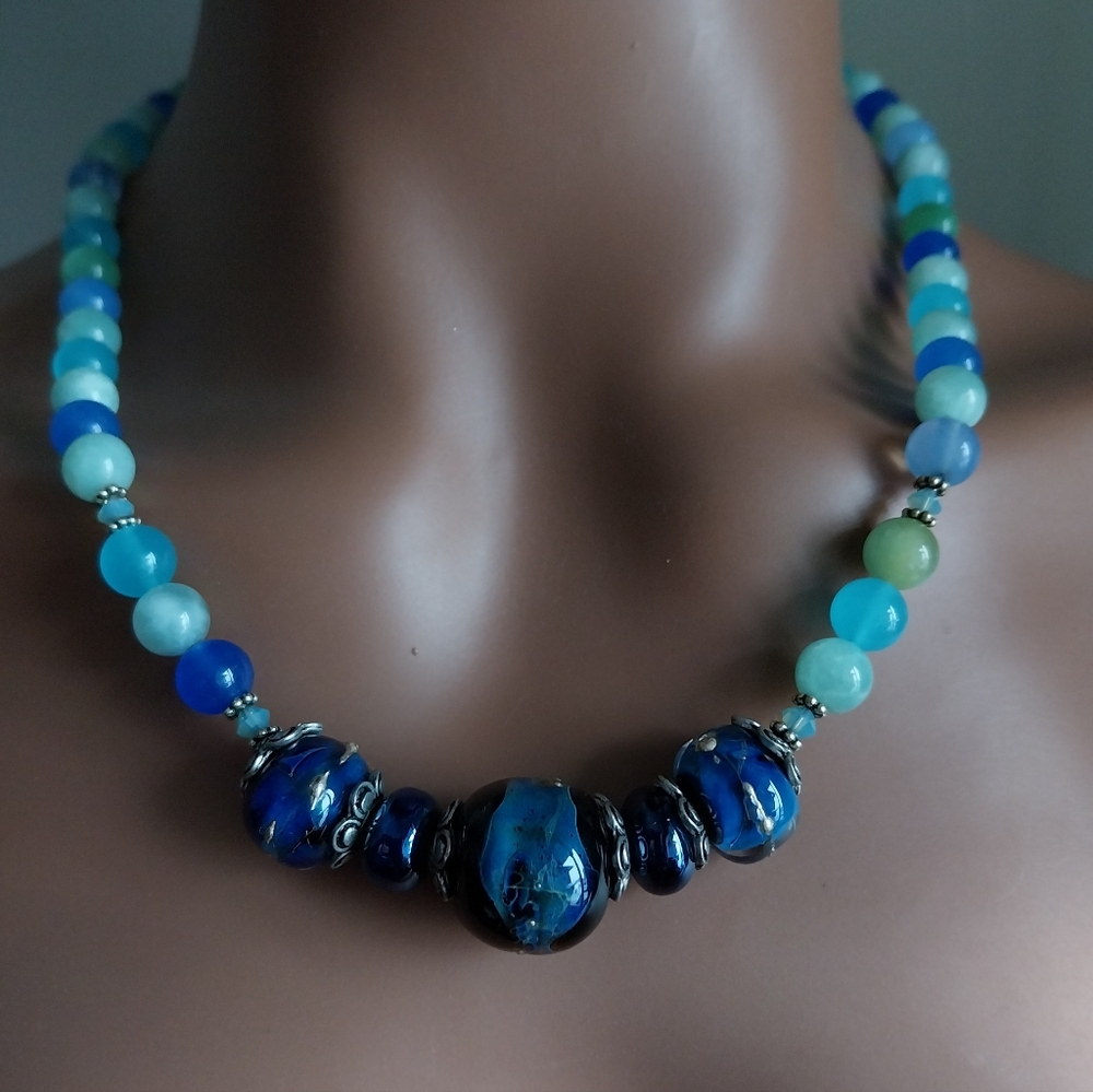 Blue and Green Gemstone Beaded Necklace